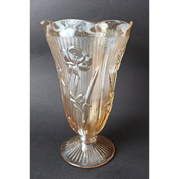 Depression Glass Iris And Herringbone Vase Iridescent Jeanette 1930s - Picture 1 of 4